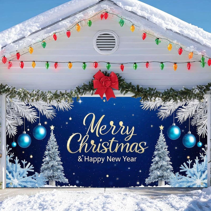 IVN Christmas Garage Door Cover Decoration 13x6ft Snowy Night Trees with Ornaments Blue Holiday Christmas Garage Door Banner Home Door Front Yard Decor for Xmas Eve Holiday Outdoor - Image 2